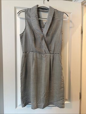 BCBGeneration Gray and White Striped Sleeveless Wrap Dress
